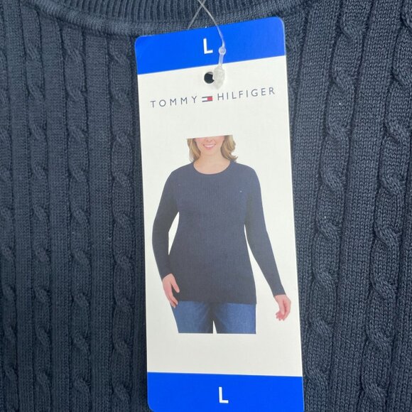 NEW Tommy Hilfiger Women's L Navy Cable Knit Sweater Crewneck Pullover - Picture 7 of 8